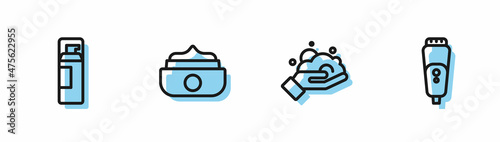 Set line Shaving foam on hand, gel, Gel or wax for hair styling and Electric razor blade icon. Vector