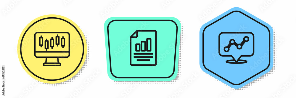 Set line Stocks market growth graphs, Document with chart and Graph infographic. Colored shapes. Vector Set line Stocks market growth graphs, Document with chart and Graph infographic. Colored shapes. Vector