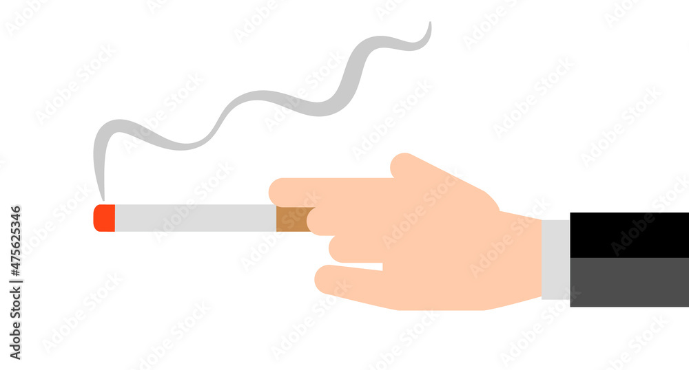 The hand of a business man smoking a cigarette. Smoke is coming out of a lit cigarette. The hand of a business man smoking a cigarette. Smoke is coming out of a lit cigarette.