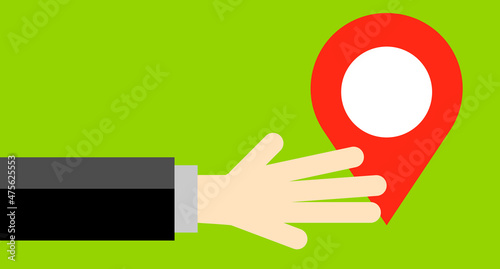 Man's hand and map pin icon on map. Vector.