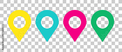 A set of colorful map pin icons. Location-related vectors.