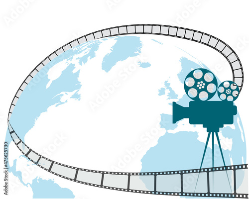 Vector design in flat style. Planet Earth, retro film camera, film is located around the planet, as a symbol of the global film industry.
In the middle of the composition, you can place your text.