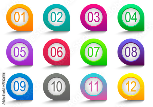 Colorful gradient 3D arrow bullet point set with number from 1 to 12. Vector trendy gradient colors