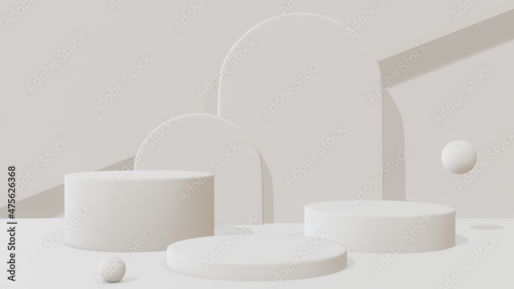 3d rendering studio with geometric shapes, podium on the floor. Platforms for product presentation, mock up background. Abstract composition in minimal design. 3d rendering studio with geometric shapes, podium on the floor. Platforms for product presentation, mock up background. Abstract composition in minimal design.