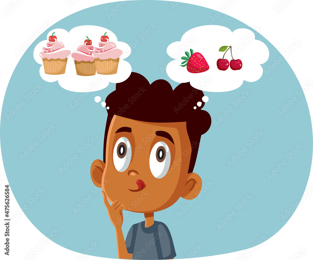 Little Boy Choosing Between Fruits and Sweets Vector Cartoon Stock Vector |  Adobe Stock
