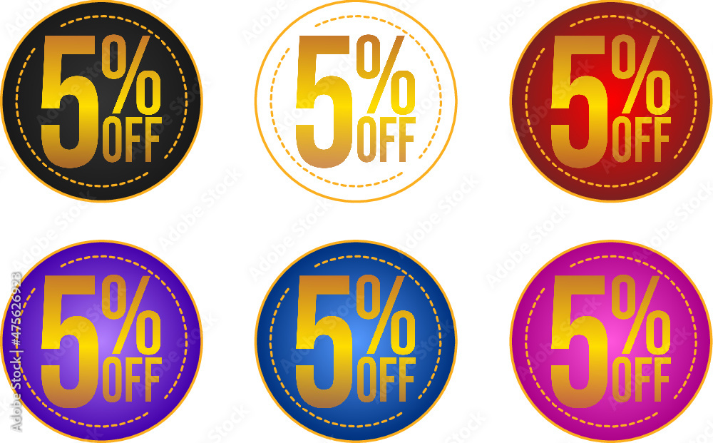 Set of 5%off discount tags, with black, white, blue, red, pink and purple backgrounds, with gold details and letters