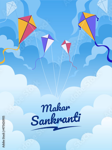 Illusstration of Makar Sankranti Festival Design with flying kite at sky and cloud. Modern Makar Sankranti Festival Illustration cartoon.can use for greeting card, poster, postcard, invitation, web.