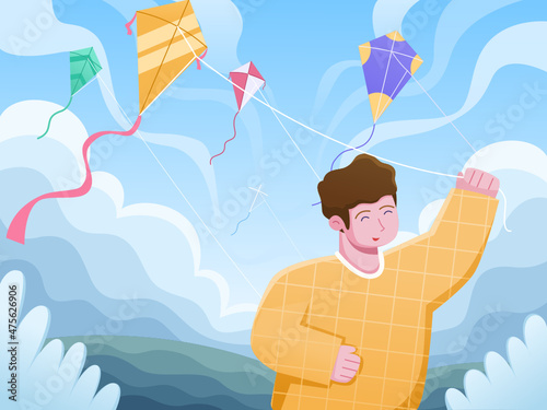 Cartoon illustration indian boy playing kite to celebrating Makar Sankranti festival. Kite festival tradition. Happy Makar Sankranti greeting card, postcard, banner, web, print, poster.