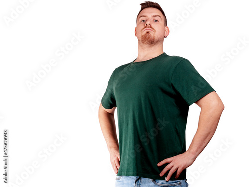 Caucasian male standing proudly against a white background