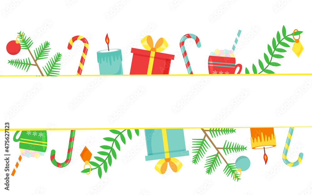 Christmas background for inscriptions, New Years greetings on postcards and information on the website. Design elements branch and gift objects flat with white stripe in middle. Vector illustration Christmas background for inscriptions, New Years greetings on postcards and information on the website. Design elements branch and gift objects flat with white stripe in middle. Vector illustration