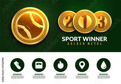 Gold medal of tennis for winner with infographic icons, Sport winning medals for first second and third place banner