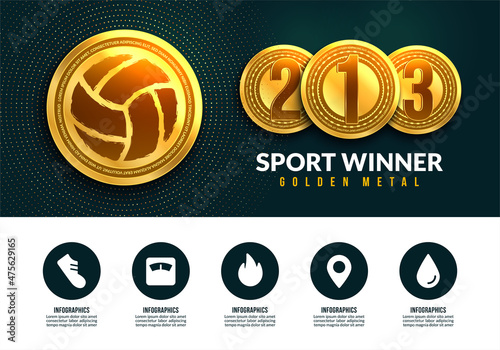 Gold medal of volleyball for winner with infographic icons, Sport winning medals for first second and third place banner