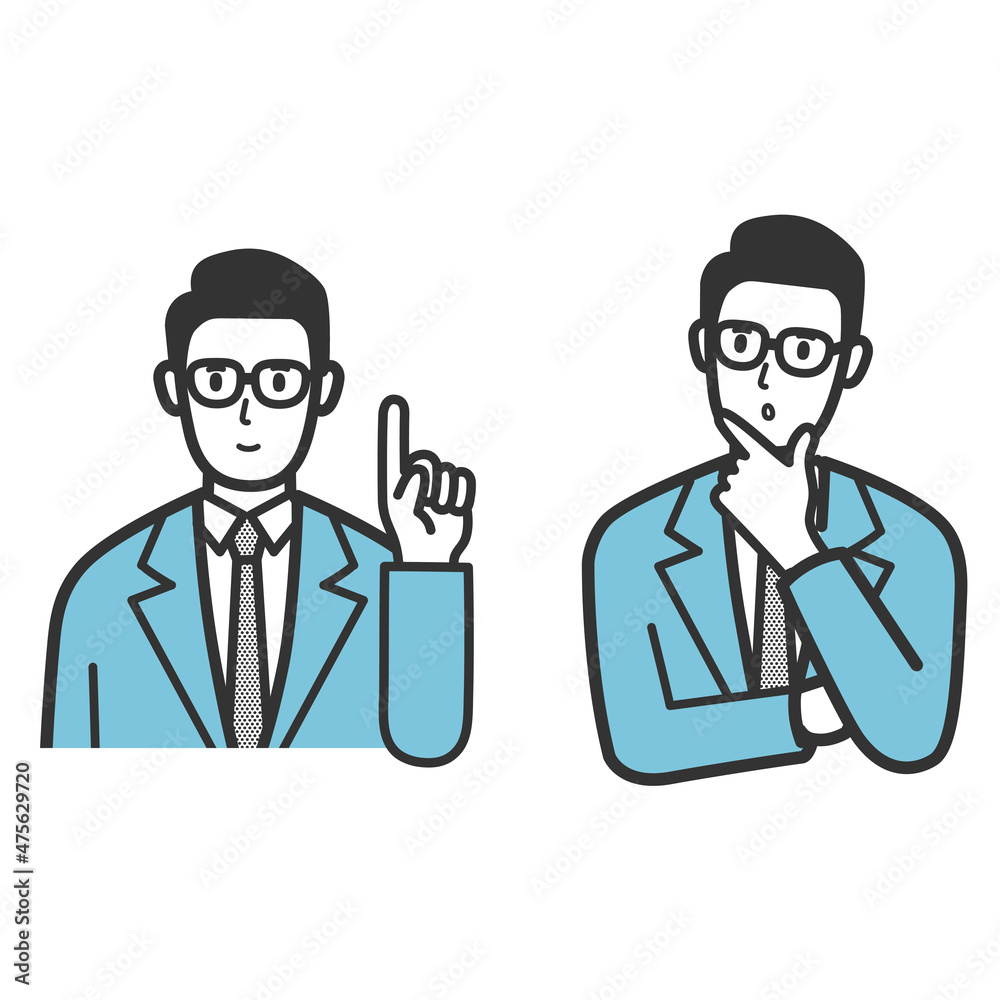 ひらめき　考える　悩むビジネスマンの表情セット