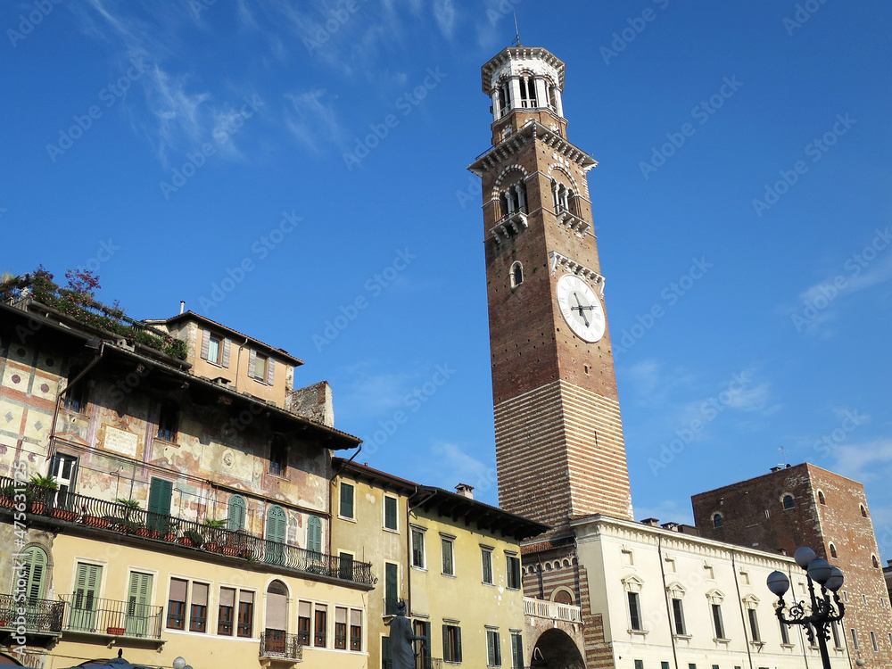 The Lamberti Tower (Torre dei Lamberti) view from the Piazza delle Erbe in Verona, ITALY