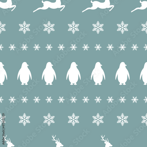 seamless pattern with antarctic penguins, deers and snowflakes. white standing pinguin