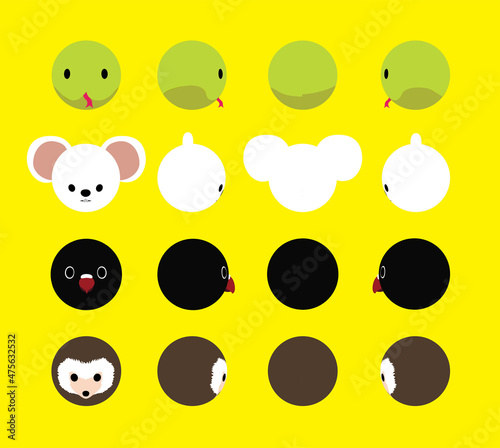 3D Ball Head Animal Snake Mouse Lovebird Hedgehog Rotation Cartoon Vector Illustration