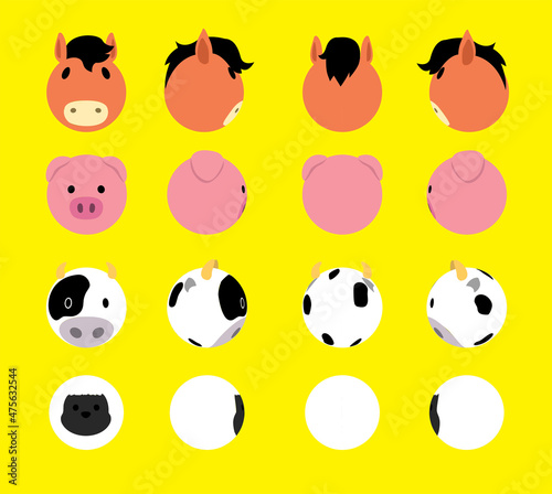3D Ball Head Animal Horse Pig Cow Sheep Rotation Cartoon Vector Illustration