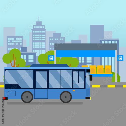 Blue Bus and Bus Stop Transportation with cityscape Side View concept, Vector Illustration.