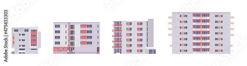 Multi apartment detached buildings set, housing blocks, urban-cityscape. Residential city high-rise houses with windows and balcony. Vector flat style cartoon illustration, modular store elements