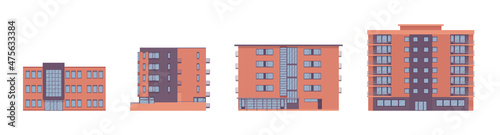 Modern apartment detached buildings set, architecture urbanscape. Contemporary city living, commercial use, multi-storey office building. Vector flat style cartoon illustration, modular sections