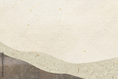 和紙　銀灰色　青海波　波模様　金箔散らし　ハガキ比率　和風背景素材