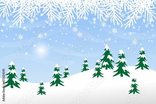 winter view nature background template wallpaper, snow hill with fir tree, design vector graphic