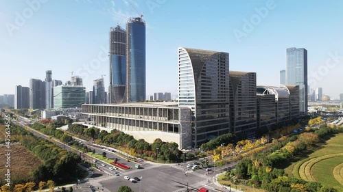 aerial view of modern landmark building in hangzhou new city
 photo