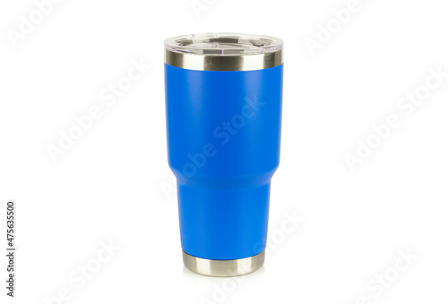 Blue thermos bottle on white background.