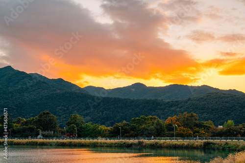 Suseongmot Lake with sunset sky in Daegu  Korea