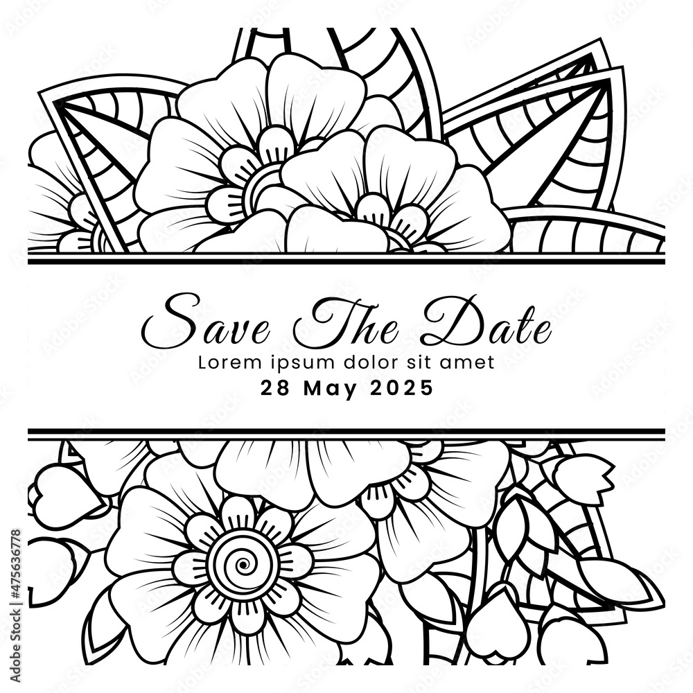 Save the date with mehndi flower. decoration in ethnic oriental, doodle ornament.