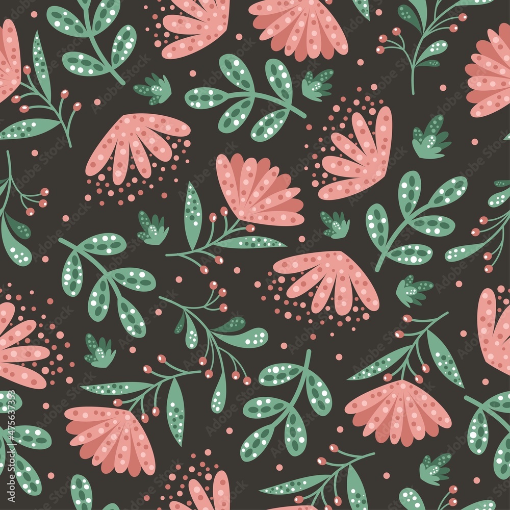 Floral vector pattern. Cute minimalistic flowers, berries and leaves. Flowers on a black background.