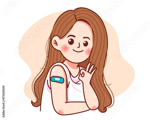 Beautiful woman after vaccination coronavirus vaccine protection concept cartoon hand drawn cartoon art illustration