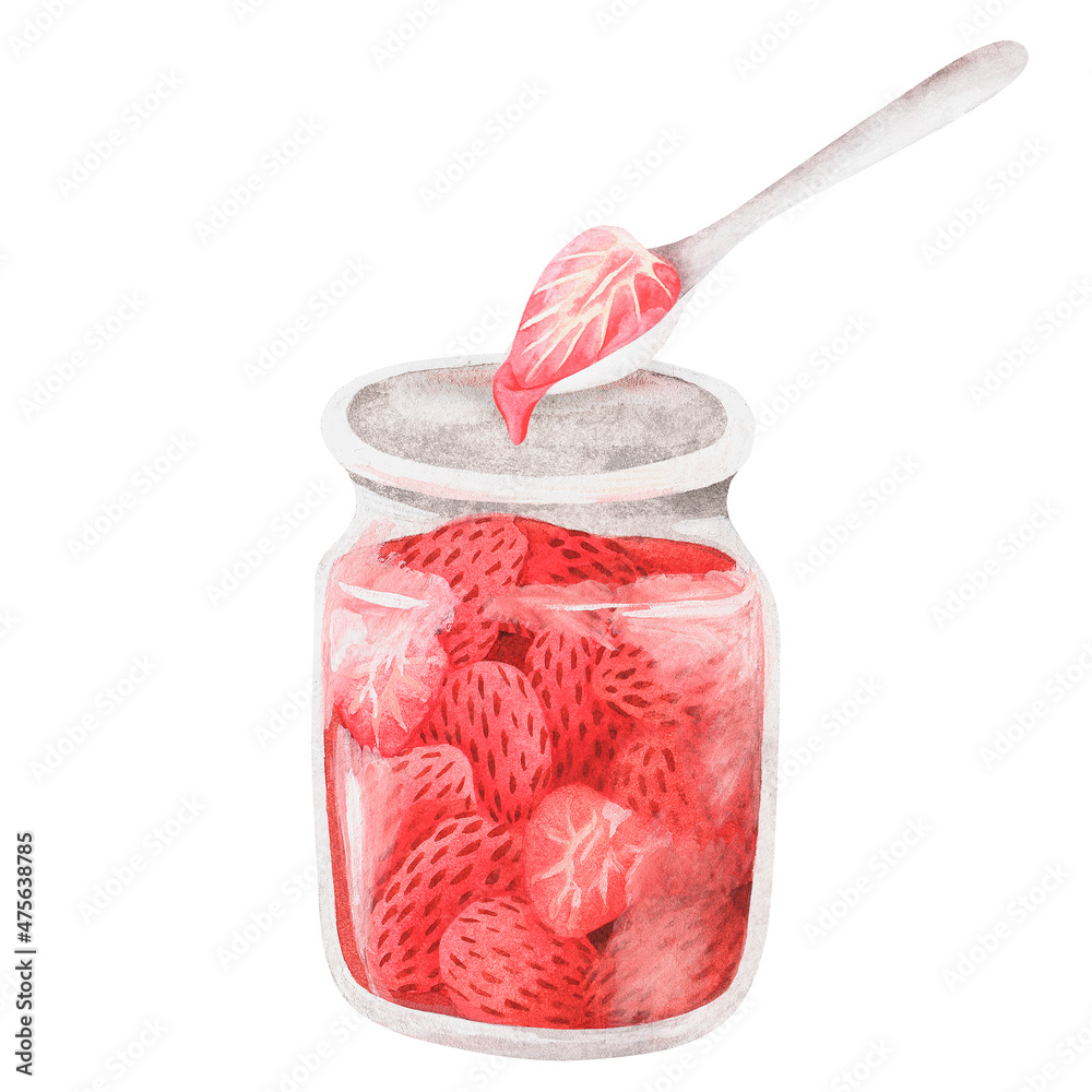 Strawberry jam with a spoon. Watercolor illustration. Isolated on a white background. For design. Strawberry jam with a spoon. Watercolor illustration. Isolated on a white background. For design.