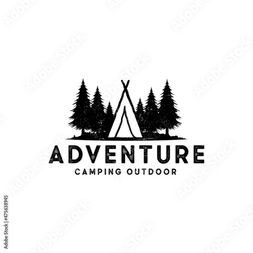 Wanderlust Camping badge. Old school hand drawn t shirt Print Apparel Graphics. Retro Typographic Custom Quote Design. Textured Stamp effect. Vintage camp Style. Stock Vector Illustration isolated.