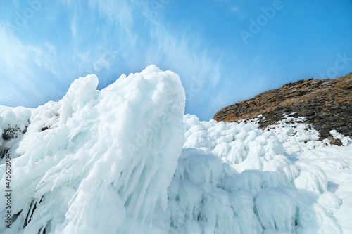 Ice covered rocks on Olkhon Island in Baikal Lake