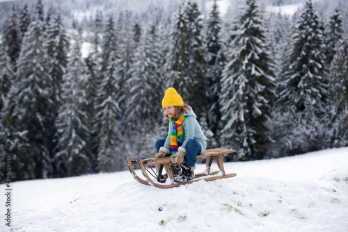 Kid boy enjoy a sleigh ride. Kid sledding in winter snow outdoor. Christmas family vacation. Child boy ride on a wooden retro sleigh on a sunny winter day on winter forest with snow and pine trees.
