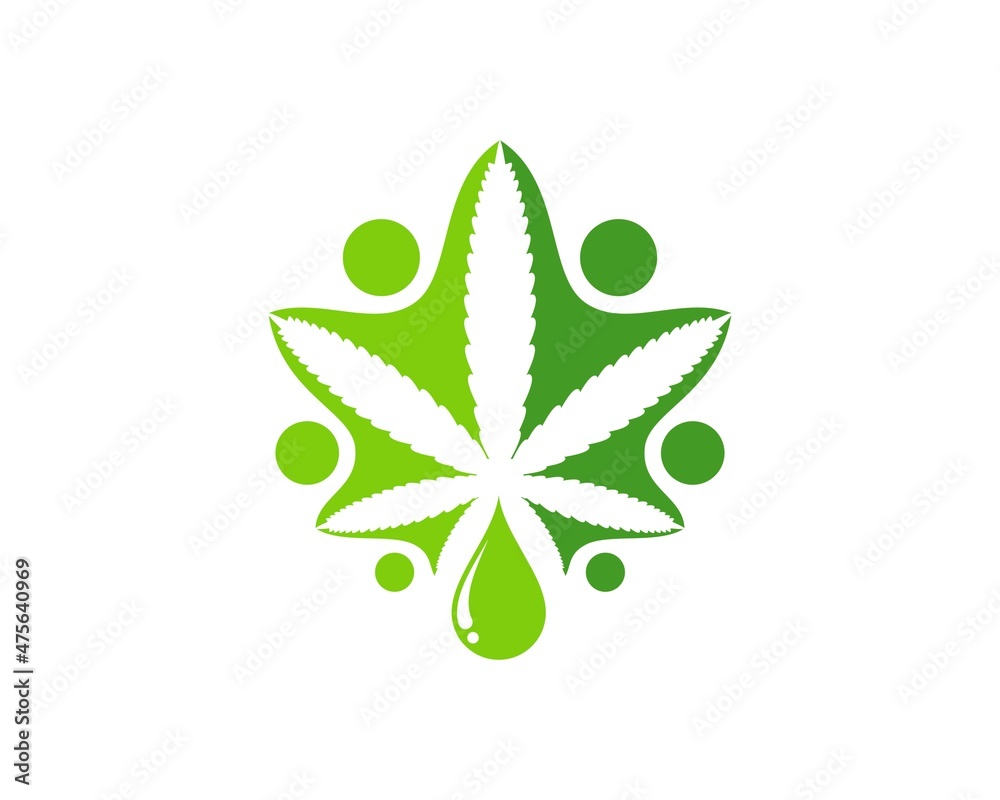Abstract cannabis leaf with group of people and water drop Abstract cannabis leaf with group of people and water drop