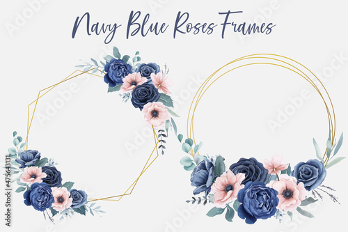 Golden frames with roses and anemones flowers Fotobehang