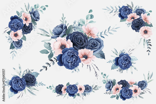 Fototapeta Watercolor Navy Blue Roses and Peach Anemones Bouquets