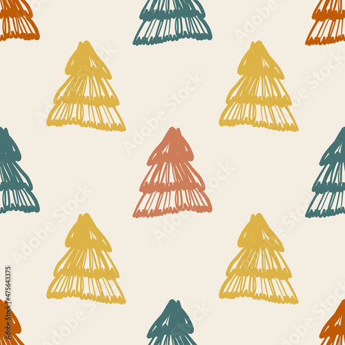 seamless multicolour hand draw pine tree pattern background