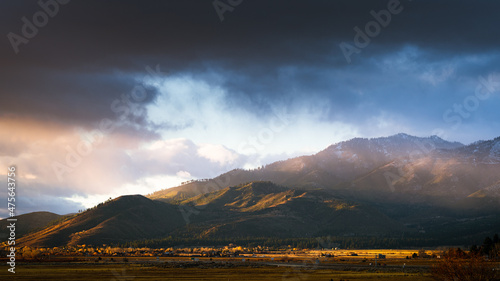 Scenic view of mountains in the morning sunlight at Washoe Valley, Nevada, USA photo