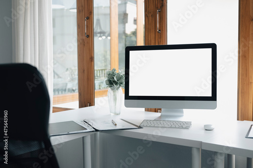 Modern workspace with computer, potted plant and comfortable office chair.