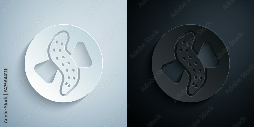 Paper cut Served cucumber on a plate icon isolated on grey and black background. Marine food. Paper art style. Vector Paper cut Served cucumber on a plate icon isolated on grey and black background. Marine food. Paper art style. Vector