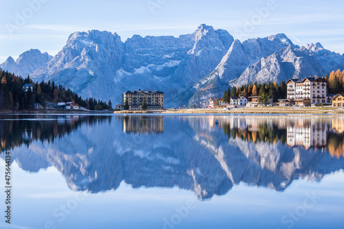 The picturesqueue Lago di Misurina in the Dolomites in the italien alps photo