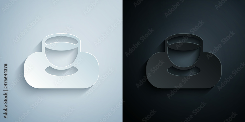 Paper cut Soy sauce in bowl icon isolated on grey and black background. Paper art style. Vector
