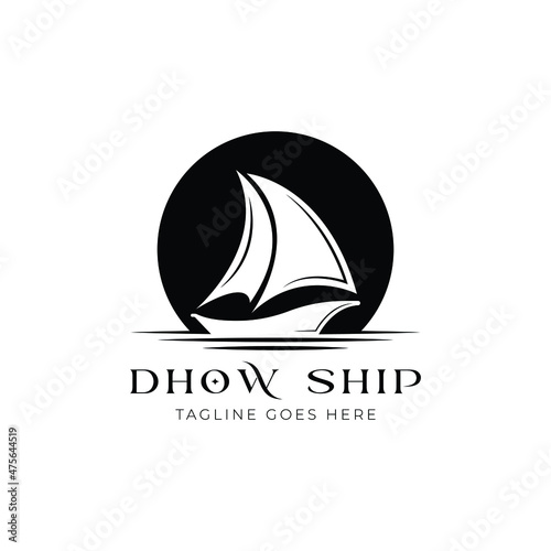 Minimalist silhouette of Dhow logo design, Traditional Sailboat from Asia, Africa. Graphic Design