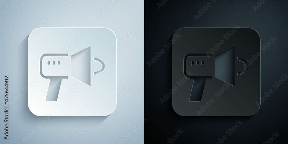 Paper cut Megaphone icon isolated on grey and black background. Speaker sign. Paper art style. Vector Paper cut Megaphone icon isolated on grey and black background. Speaker sign. Paper art style. Vector