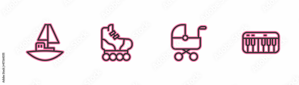 Set line Toy boat, Baby stroller, Roller skate and Music synthesizer icon. Vector