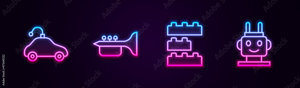 Set line Radio controlled car toy, Trumpet, Toy building block bricks and Robot. Glowing neon icon. Vector Set line Radio controlled car toy, Trumpet, Toy building block bricks and Robot. Glowing neon icon. Vector