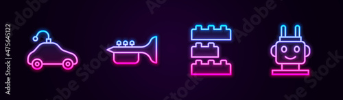 Set line Radio controlled car toy, Trumpet, Toy building block bricks and Robot. Glowing neon icon. Vector